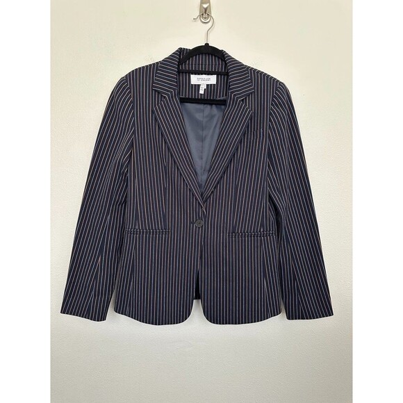 Derek Lam 10 Crosby Power Stripe Blazer Pleated Navy Blue Yellow Structured Sz 8 - Picture 1 of 14
